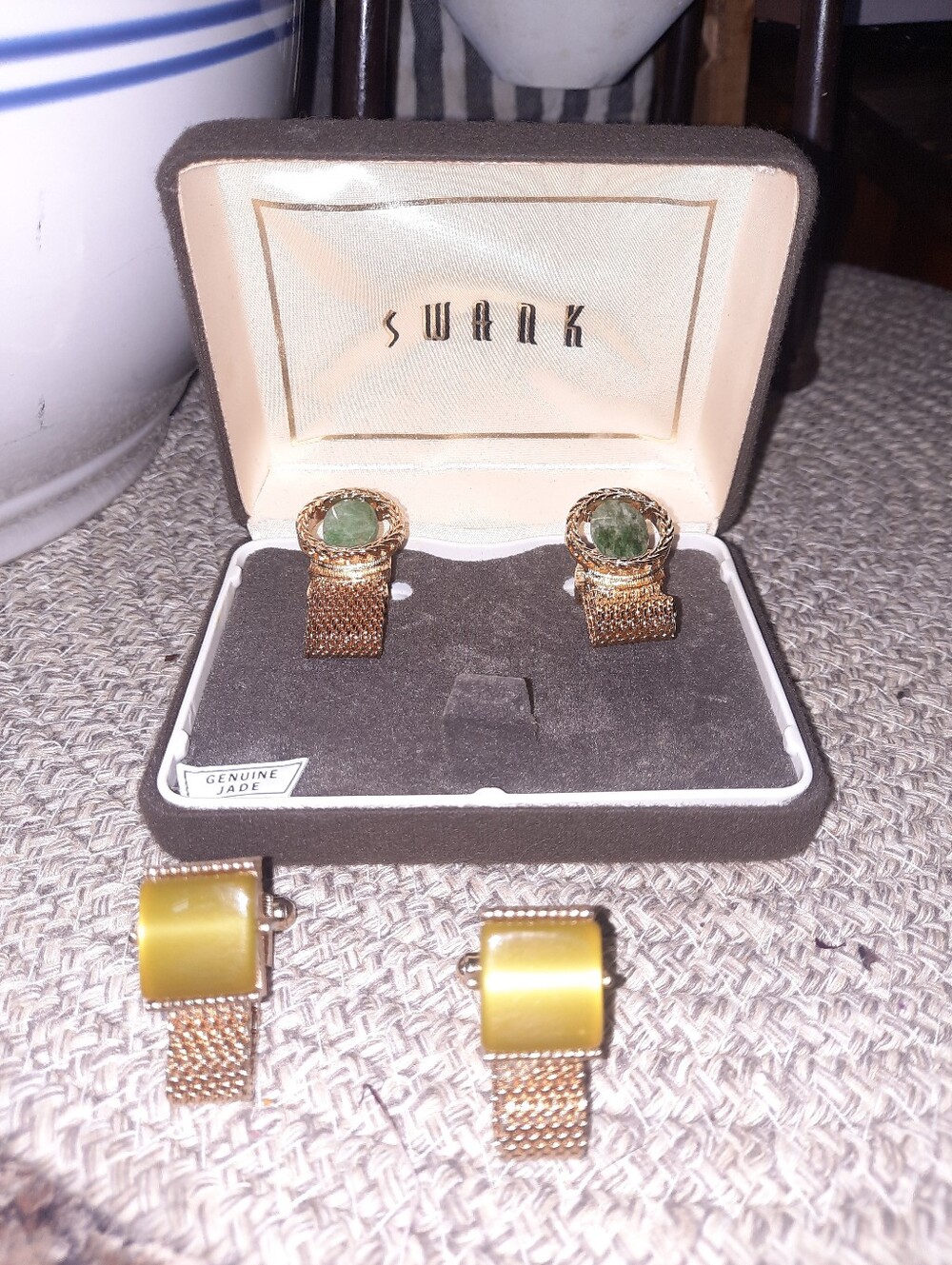 Vintage SWANK Gold-Tone Cufflink Set with Green Jade and Yellow Stones